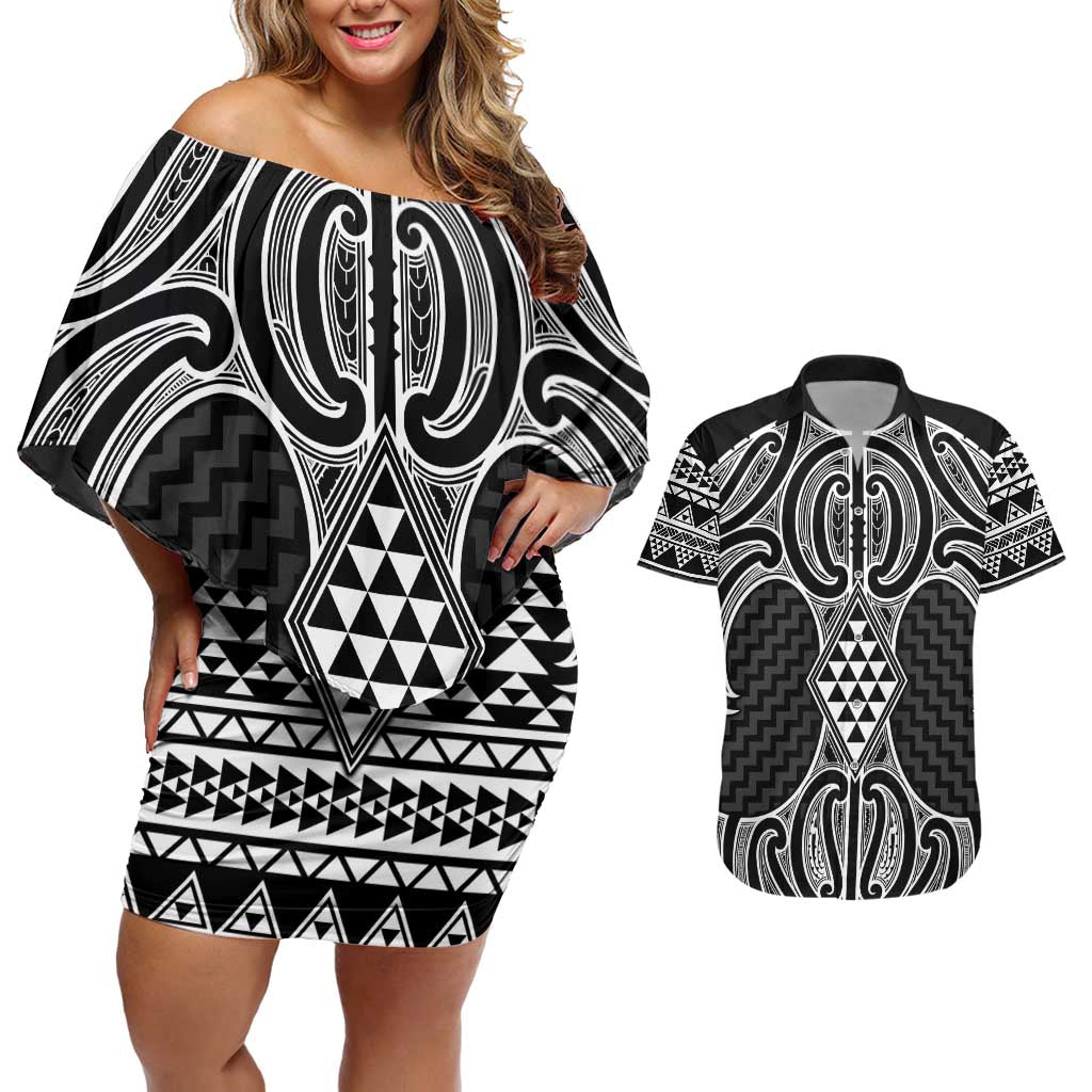 Ma Maori Ta Moko Poutama Art Couples Matching Off Shoulder Short Dress and Hawaiian Shirt LT9 White - Polynesian Pride