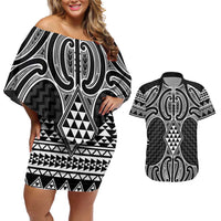 Ma Maori Ta Moko Poutama Art Couples Matching Off Shoulder Short Dress and Hawaiian Shirt LT9 White - Polynesian Pride