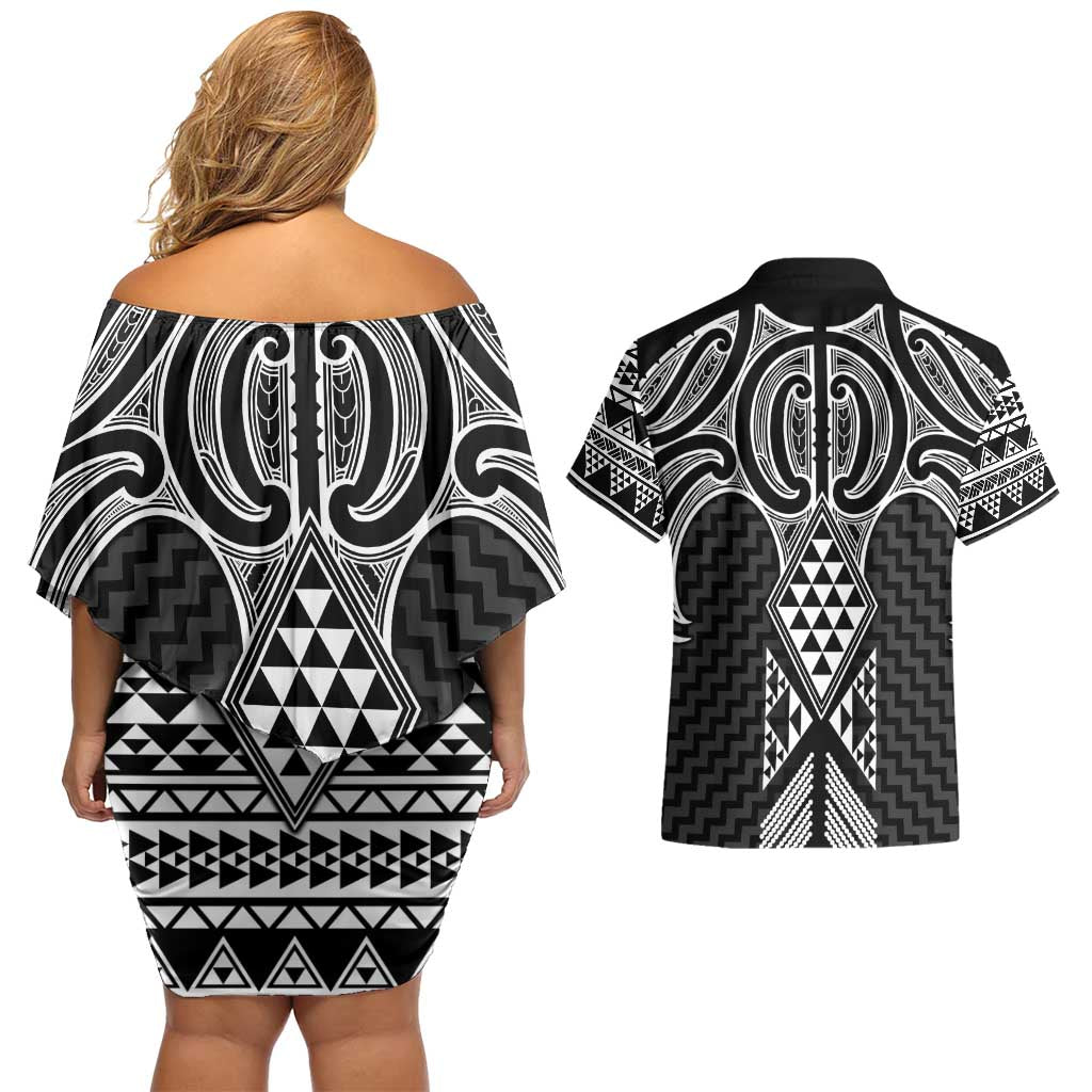 Ma Maori Ta Moko Poutama Art Couples Matching Off Shoulder Short Dress and Hawaiian Shirt LT9 - Polynesian Pride