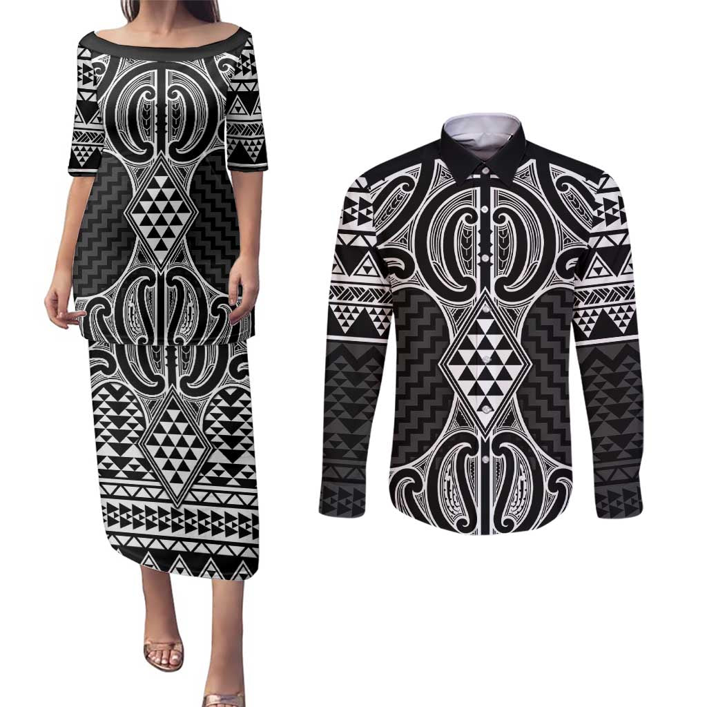 Ma Maori Ta Moko Poutama Art Couples Matching Puletasi and Long Sleeve Button Shirt LT9 White - Polynesian Pride