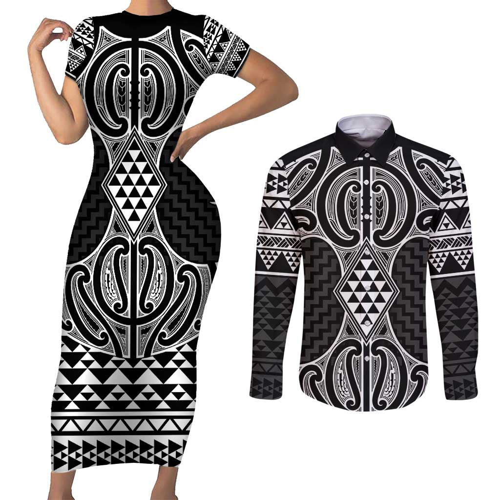 Ma Maori Ta Moko Poutama Art Couples Matching Short Sleeve Bodycon Dress and Long Sleeve Button Shirt LT9 White - Polynesian Pride