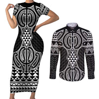 Ma Maori Ta Moko Poutama Art Couples Matching Short Sleeve Bodycon Dress and Long Sleeve Button Shirt LT9 White - Polynesian Pride