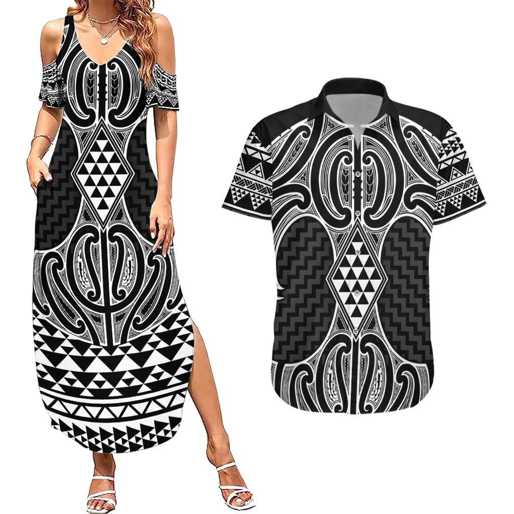 Ma Maori Ta Moko Poutama Art Couples Matching Summer Maxi Dress and Hawaiian Shirt LT9 White - Polynesian Pride