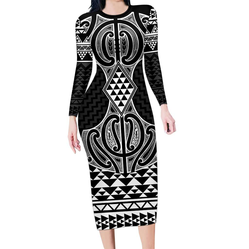 Ma Maori Ta Moko Poutama Art Family Matching Long Sleeve Bodycon Dress and Hawaiian Shirt LT9 Mom's Dress White - Polynesian Pride