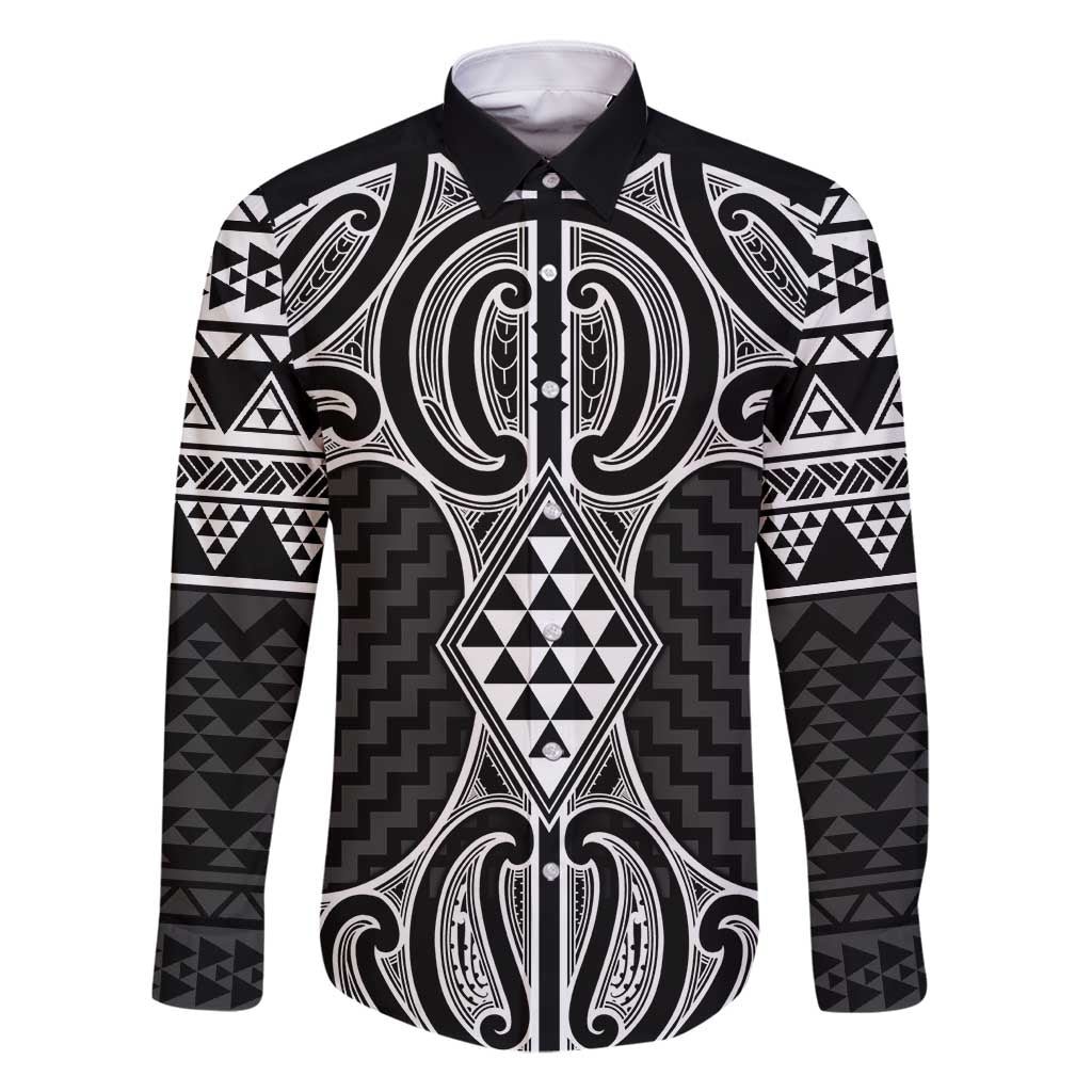 Ma Maori Ta Moko Poutama Art Family Matching Off Shoulder Maxi Dress and Hawaiian Shirt LT9 Dad's Shirt - Long Sleeve White - Polynesian Pride