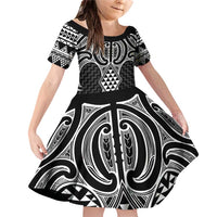 Ma Maori Ta Moko Poutama Art Family Matching Off Shoulder Short Dress and Hawaiian Shirt LT9 Daughter's Dress White - Polynesian Pride