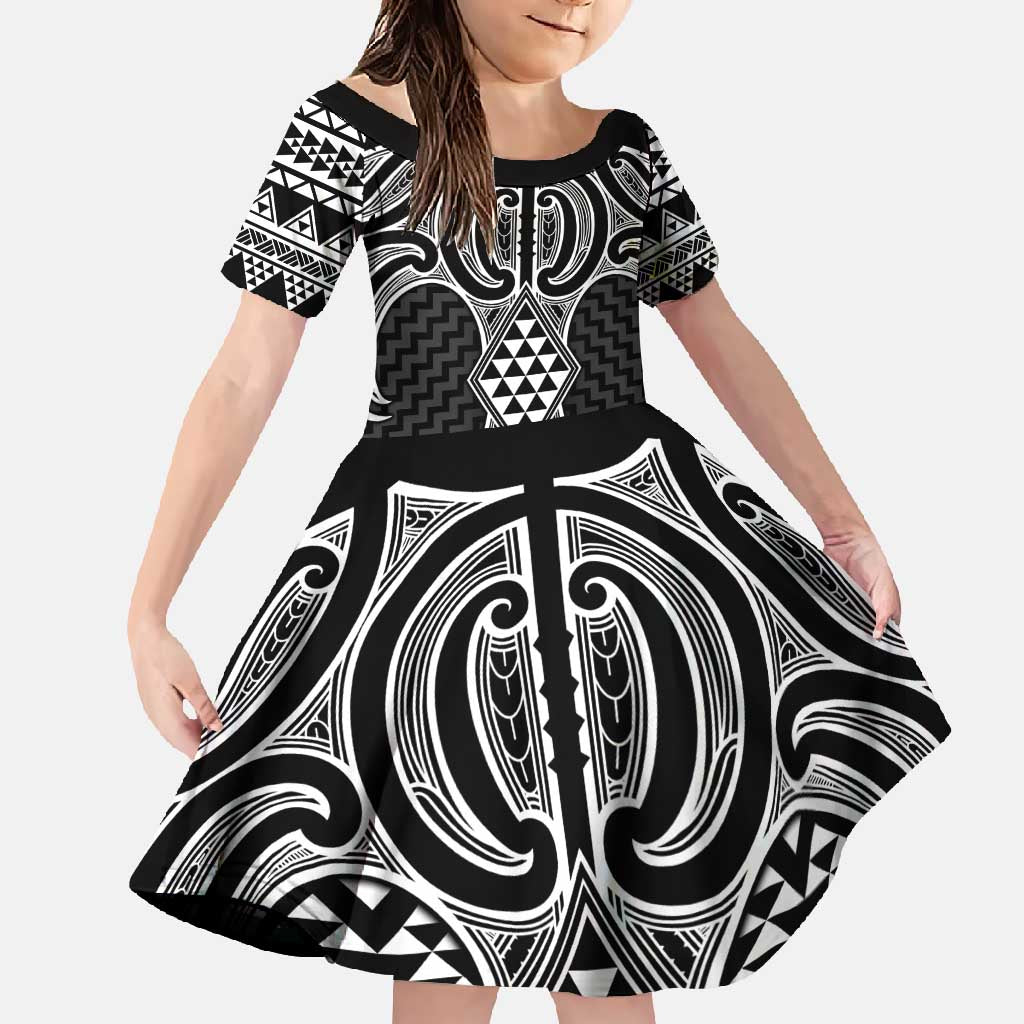 Ma Maori Ta Moko Poutama Art Family Matching Short Sleeve Bodycon Dress and Hawaiian Shirt LT9 Daughter's Dress White - Polynesian Pride