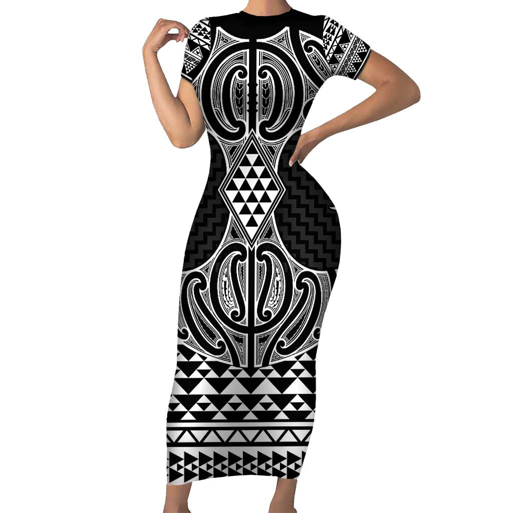 Ma Maori Ta Moko Poutama Art Family Matching Short Sleeve Bodycon Dress and Hawaiian Shirt LT9 Mom's Dress White - Polynesian Pride