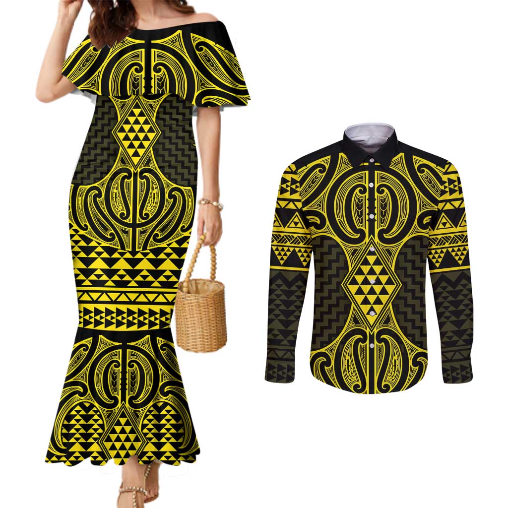 Mahi-dawg Maori Ta Moko Poutama Art Couples Matching Mermaid Dress and Long Sleeve Button Shirt LT9 Yellow - Polynesian Pride