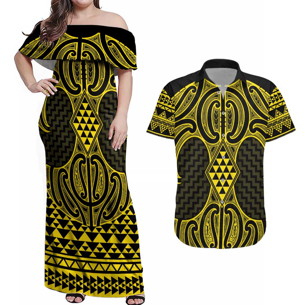 Mahi-dawg Maori Ta Moko Poutama Art Couples Matching Off Shoulder Maxi Dress and Hawaiian Shirt LT9 Yellow - Polynesian Pride