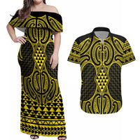 Mahi-dawg Maori Ta Moko Poutama Art Couples Matching Off Shoulder Maxi Dress and Hawaiian Shirt LT9 Yellow - Polynesian Pride