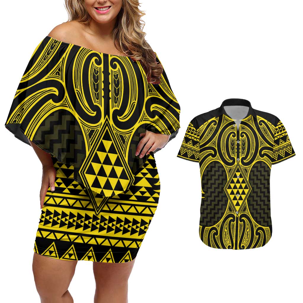 Mahi-dawg Maori Ta Moko Poutama Art Couples Matching Off Shoulder Short Dress and Hawaiian Shirt LT9 Yellow - Polynesian Pride