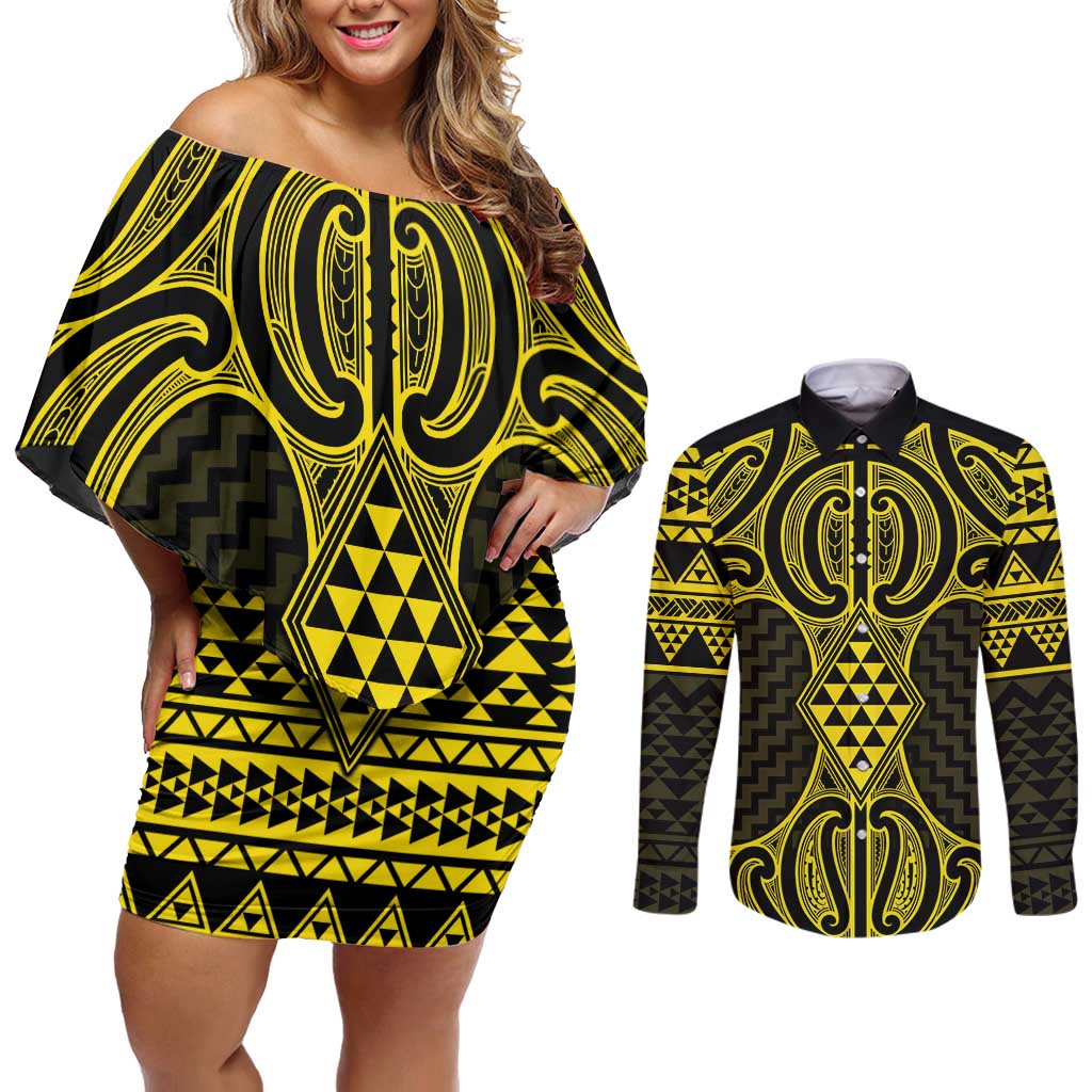 Mahi-dawg Maori Ta Moko Poutama Art Couples Matching Off Shoulder Short Dress and Long Sleeve Button Shirt LT9 Yellow - Polynesian Pride