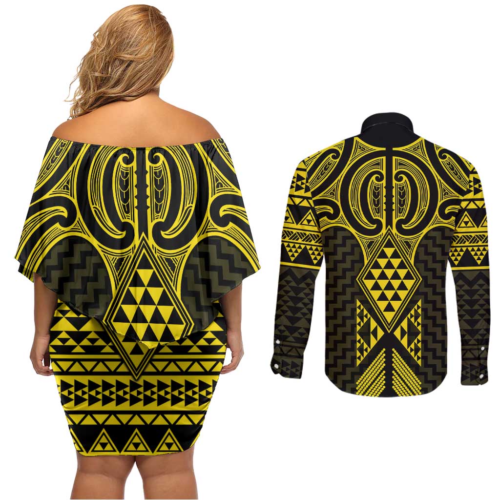 Mahi-dawg Maori Ta Moko Poutama Art Couples Matching Off Shoulder Short Dress and Long Sleeve Button Shirt LT9 - Polynesian Pride
