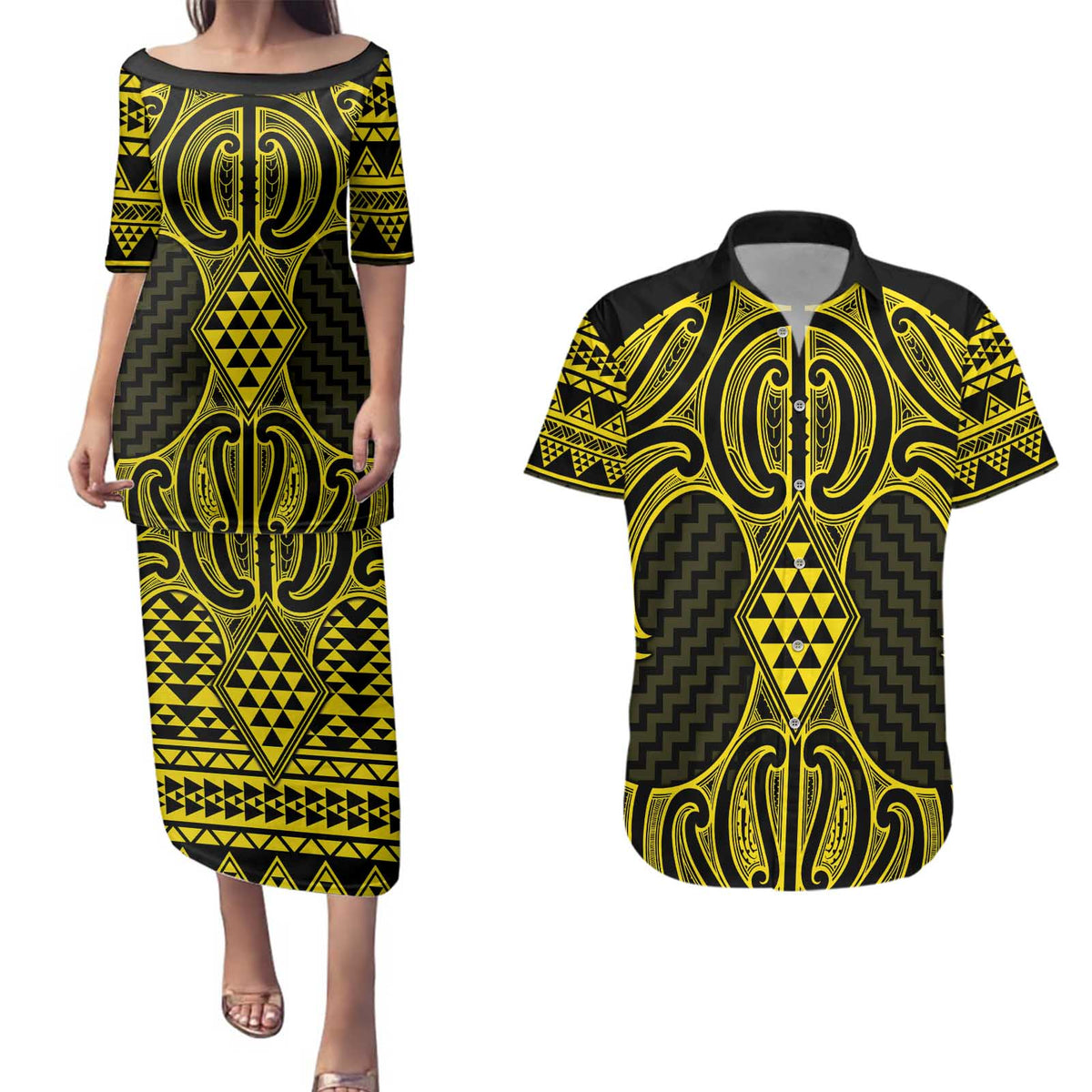 Mahi-dawg Maori Ta Moko Poutama Art Couples Matching Puletasi and Hawaiian Shirt LT9 Yellow - Polynesian Pride