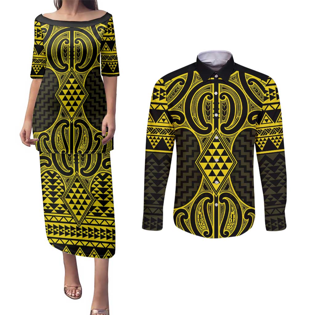Mahi-dawg Maori Ta Moko Poutama Art Couples Matching Puletasi and Long Sleeve Button Shirt LT9 Yellow - Polynesian Pride