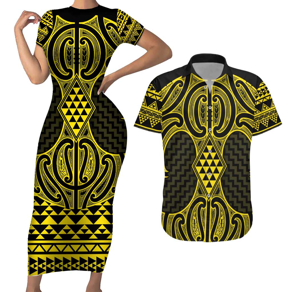 Mahi-dawg Maori Ta Moko Poutama Art Couples Matching Short Sleeve Bodycon Dress and Hawaiian Shirt LT9 Yellow - Polynesian Pride