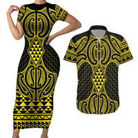 Mahi-dawg Maori Ta Moko Poutama Art Couples Matching Short Sleeve Bodycon Dress and Hawaiian Shirt LT9 Yellow - Polynesian Pride