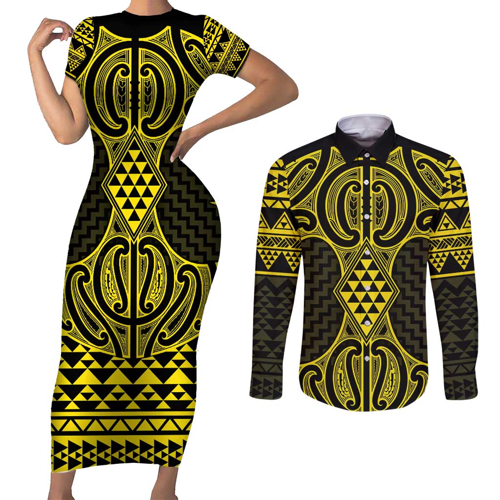 Mahi-dawg Maori Ta Moko Poutama Art Couples Matching Short Sleeve Bodycon Dress and Long Sleeve Button Shirt LT9 Yellow - Polynesian Pride