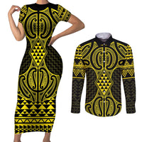 Mahi-dawg Maori Ta Moko Poutama Art Couples Matching Short Sleeve Bodycon Dress and Long Sleeve Button Shirt LT9 Yellow - Polynesian Pride