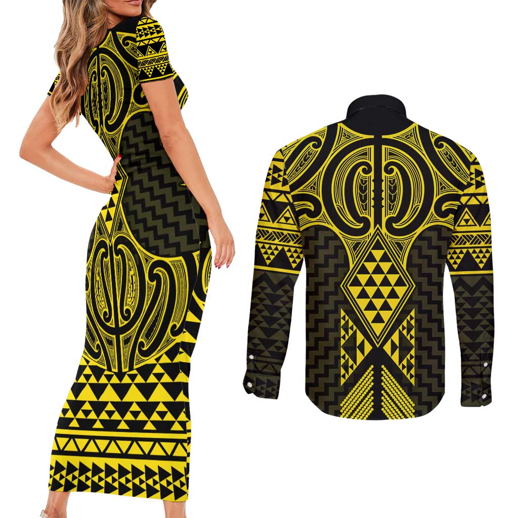 Mahi-dawg Maori Ta Moko Poutama Art Couples Matching Short Sleeve Bodycon Dress and Long Sleeve Button Shirt LT9 - Polynesian Pride