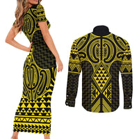 Mahi-dawg Maori Ta Moko Poutama Art Couples Matching Short Sleeve Bodycon Dress and Long Sleeve Button Shirt LT9 - Polynesian Pride