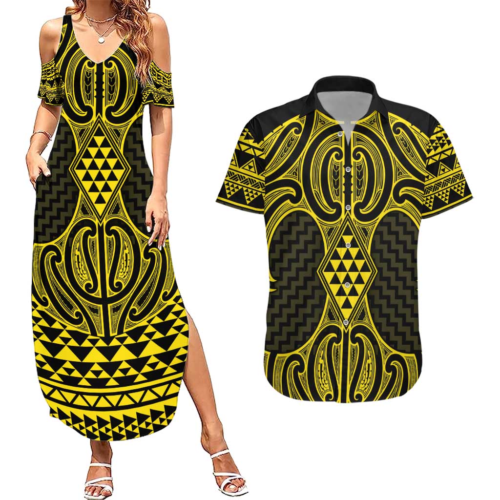 Mahi-dawg Maori Ta Moko Poutama Art Couples Matching Summer Maxi Dress and Hawaiian Shirt LT9 Yellow - Polynesian Pride