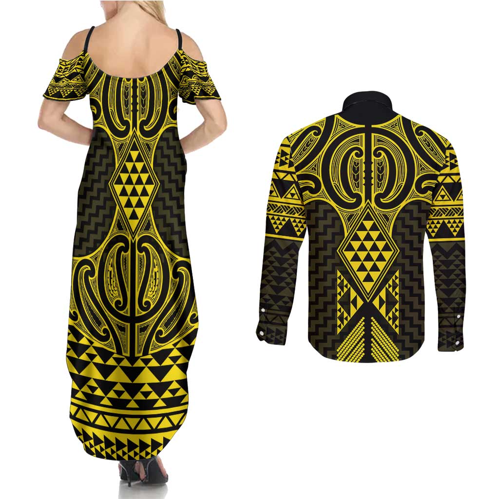 Mahi-dawg Maori Ta Moko Poutama Art Couples Matching Summer Maxi Dress and Long Sleeve Button Shirt LT9 - Polynesian Pride