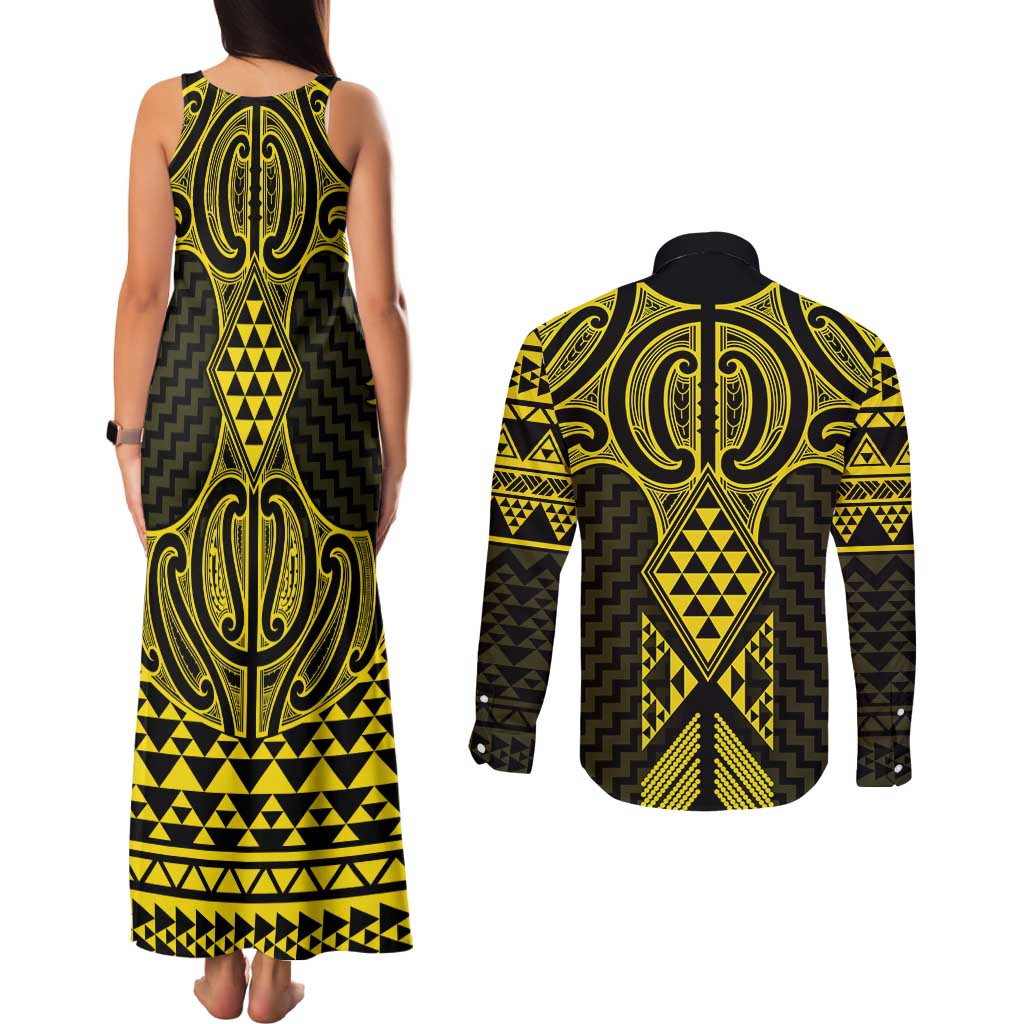 Mahi-dawg Maori Ta Moko Poutama Art Couples Matching Tank Maxi Dress and Long Sleeve Button Shirt LT9 - Polynesian Pride