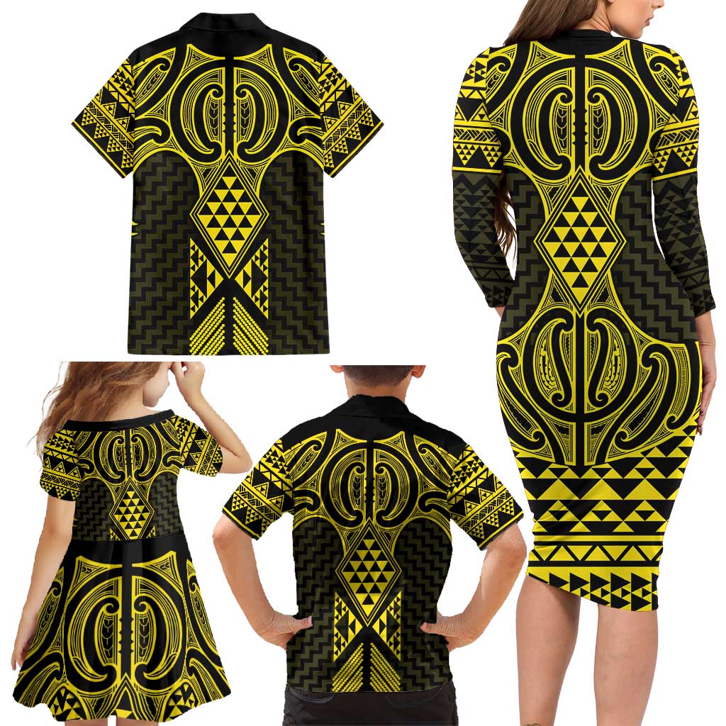 Mahi-dawg Maori Ta Moko Poutama Art Family Matching Long Sleeve Bodycon Dress and Hawaiian Shirt LT9 - Polynesian Pride
