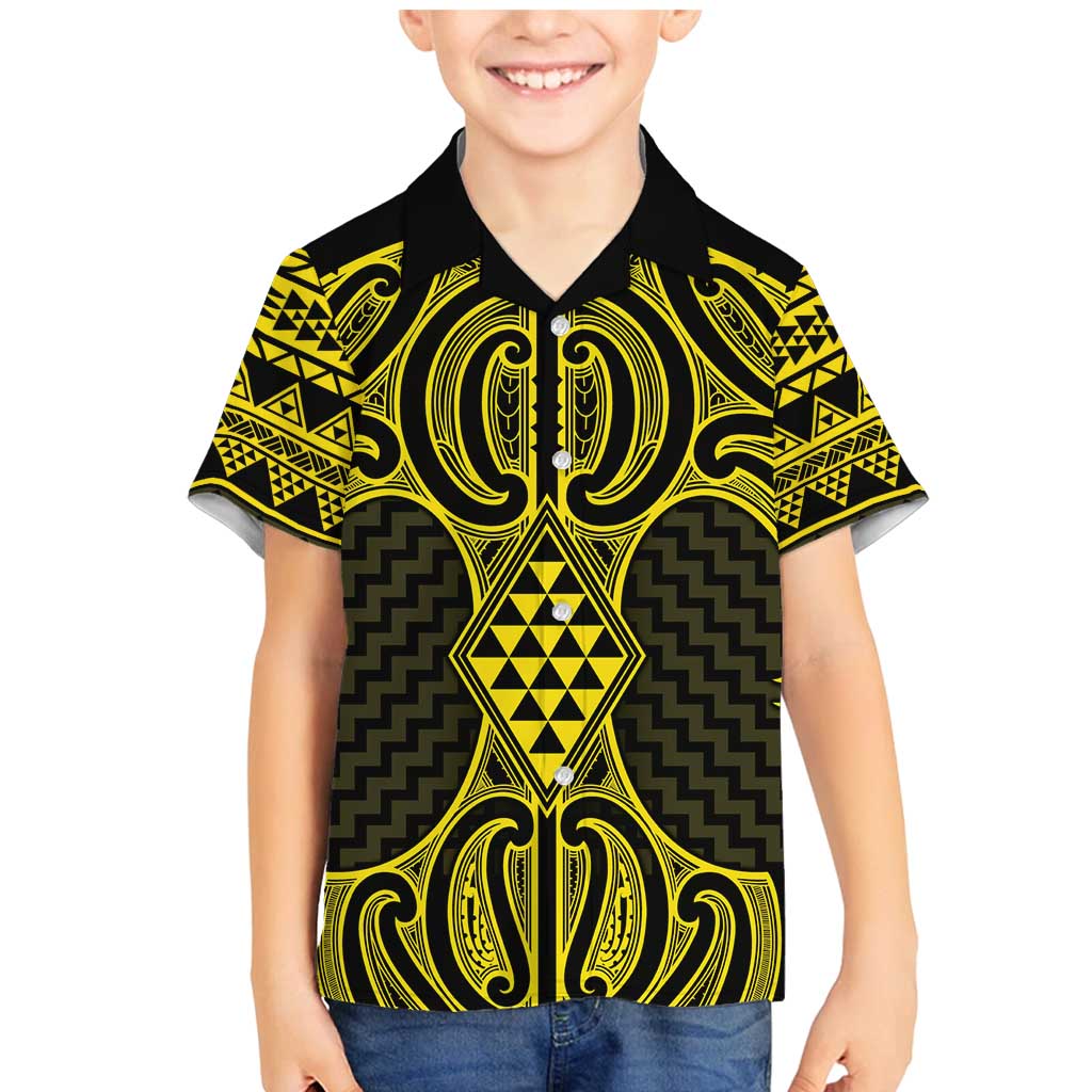 Mahi-dawg Maori Ta Moko Poutama Art Family Matching Mermaid Dress and Hawaiian Shirt LT9 Son's Shirt Yellow - Polynesian Pride