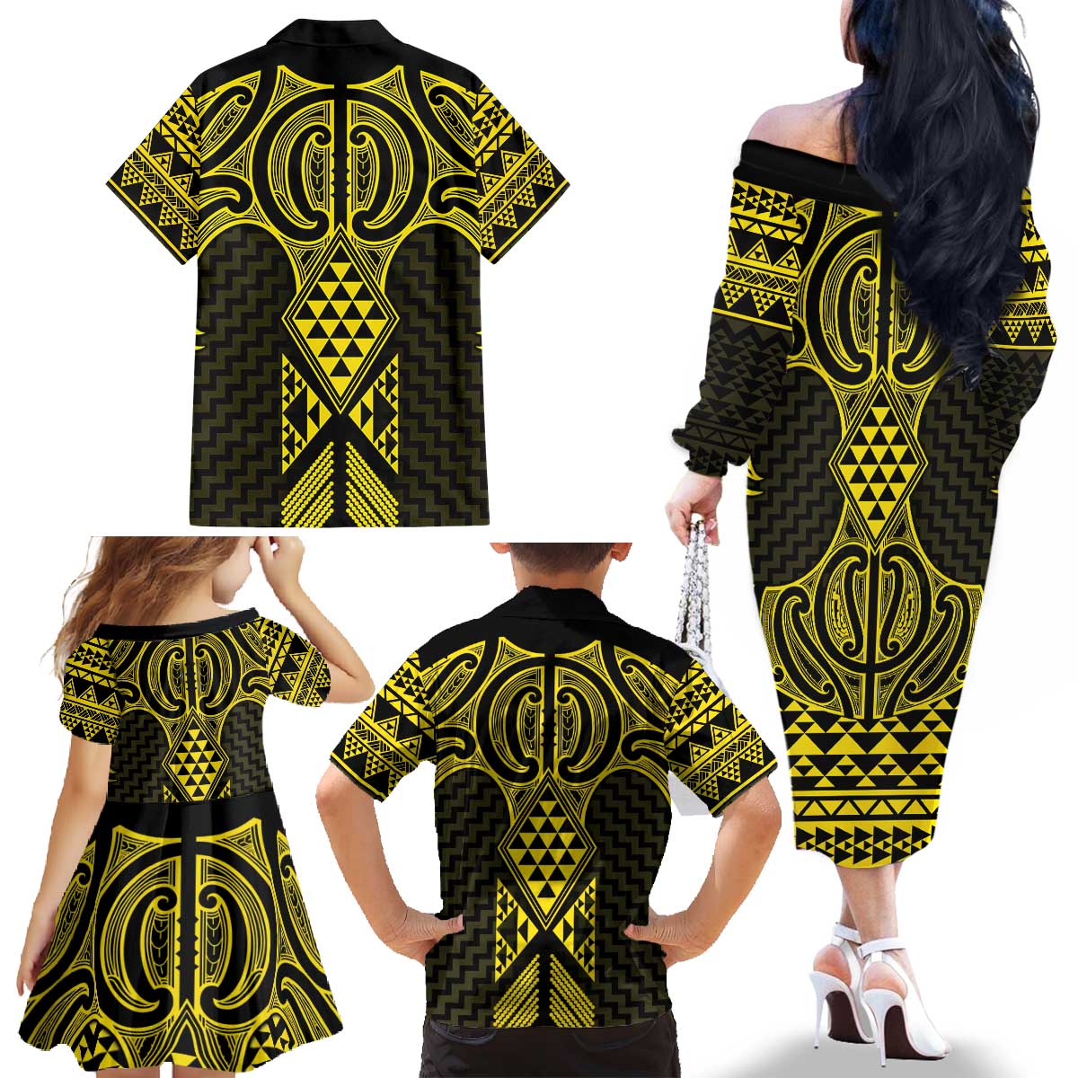 Mahi-dawg Maori Ta Moko Poutama Art Family Matching Off The Shoulder Long Sleeve Dress and Hawaiian Shirt LT9 - Polynesian Pride