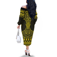 Mahi-dawg Maori Ta Moko Poutama Art Family Matching Off The Shoulder Long Sleeve Dress and Hawaiian Shirt LT9 - Polynesian Pride