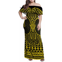 Mahi-dawg Maori Ta Moko Poutama Art Family Matching Off Shoulder Maxi Dress and Hawaiian Shirt LT9 Mom's Dress Yellow - Polynesian Pride