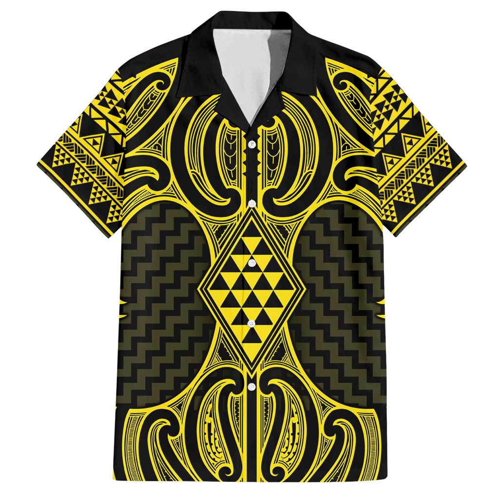 Mahi-dawg Maori Ta Moko Poutama Art Family Matching Off Shoulder Short Dress and Hawaiian Shirt LT9 Dad's Shirt - Short Sleeve Yellow - Polynesian Pride