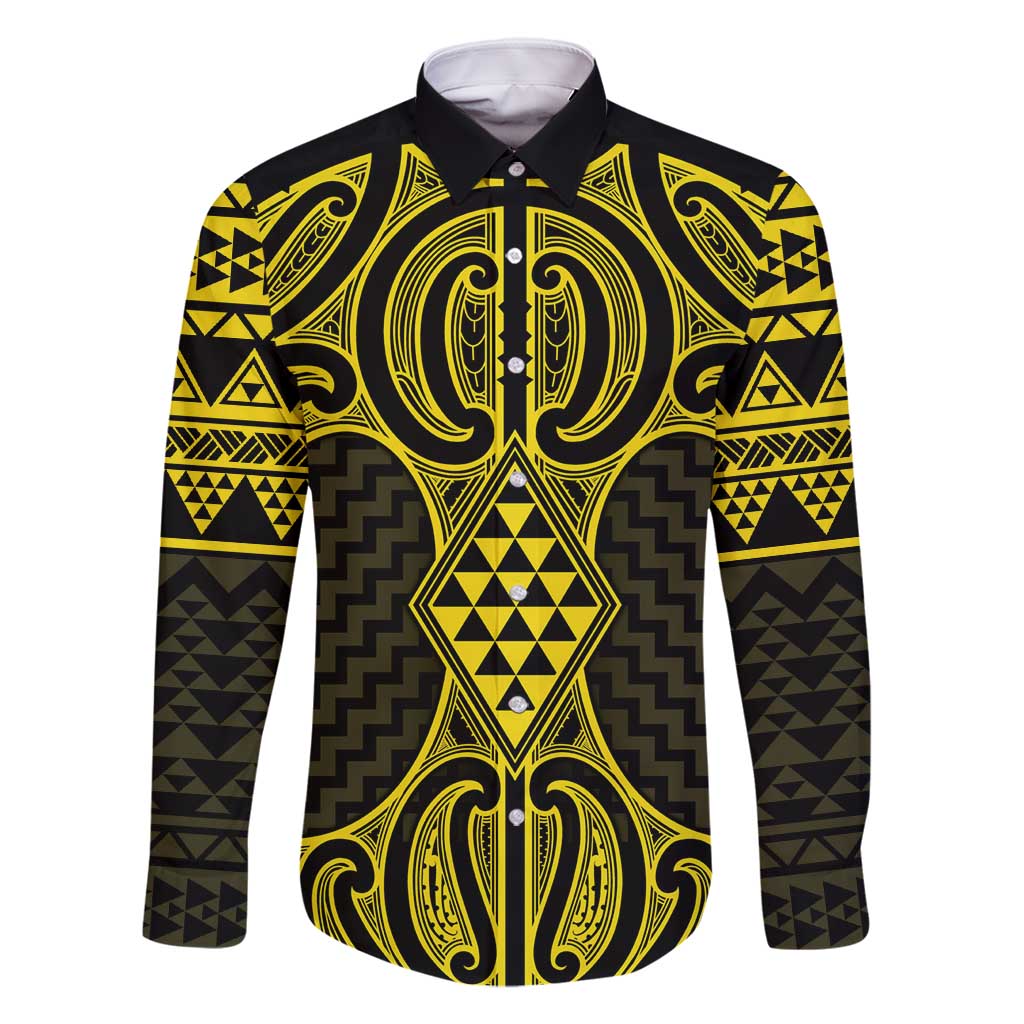 Mahi-dawg Maori Ta Moko Poutama Art Family Matching Off Shoulder Short Dress and Hawaiian Shirt LT9 Dad's Shirt - Long Sleeve Yellow - Polynesian Pride