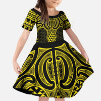 Mahi-dawg Maori Ta Moko Poutama Art Kid Short Sleeve Dress LT9 KID Yellow - Polynesian Pride