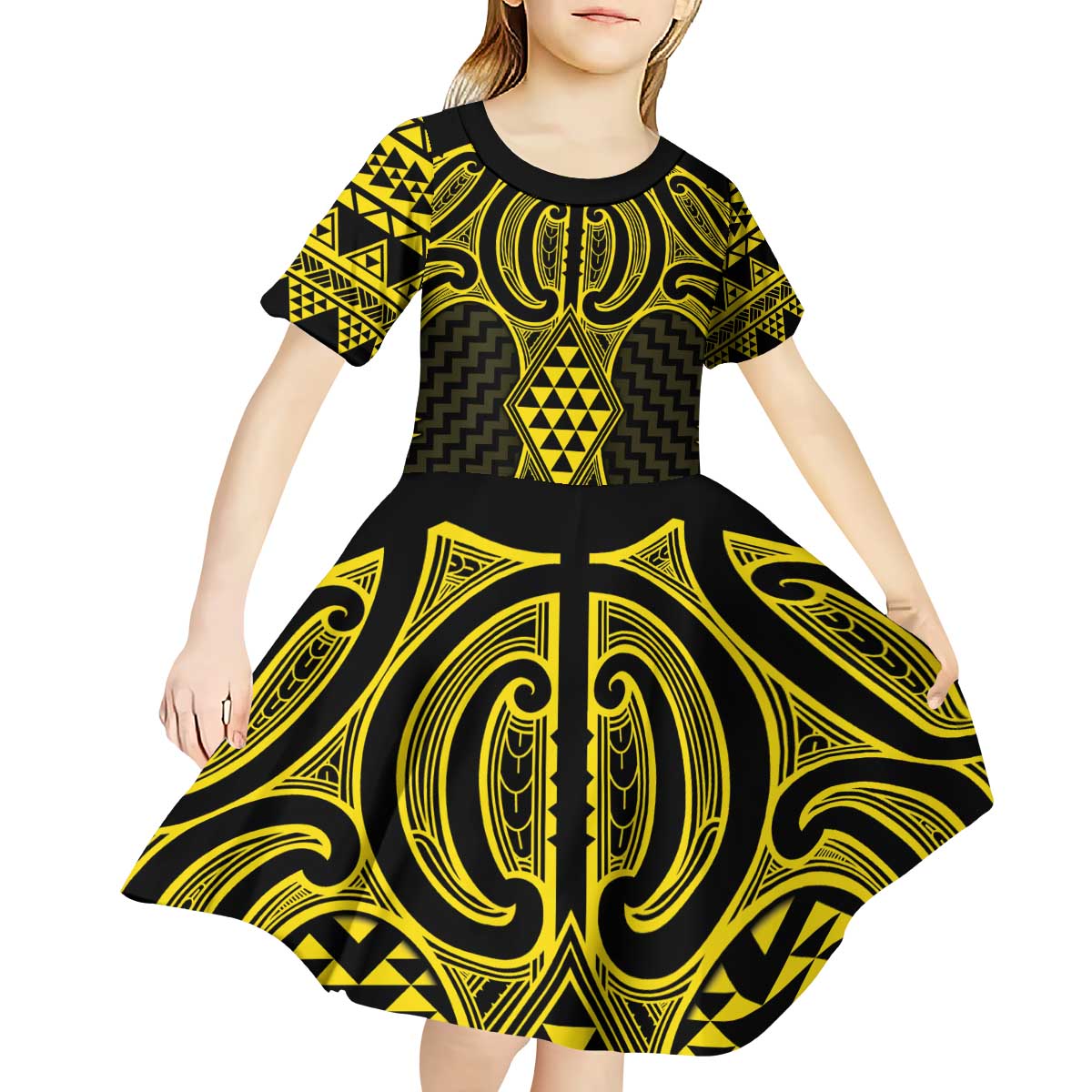 Mahi-dawg Maori Ta Moko Poutama Art Kid Short Sleeve Dress LT9 - Polynesian Pride
