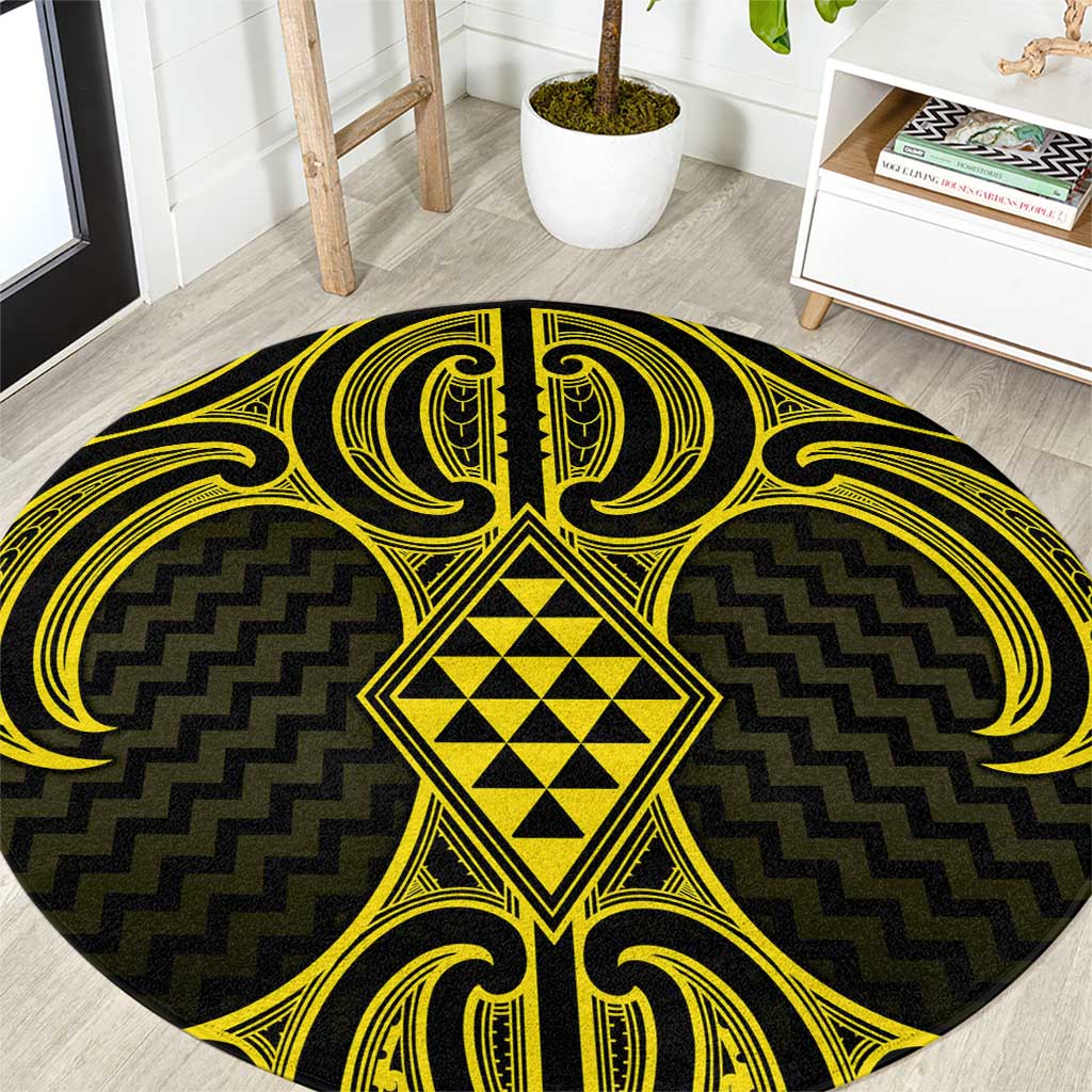 Mahi-dawg Maori Ta Moko Poutama Art Round Carpet LT9 Yellow - Polynesian Pride