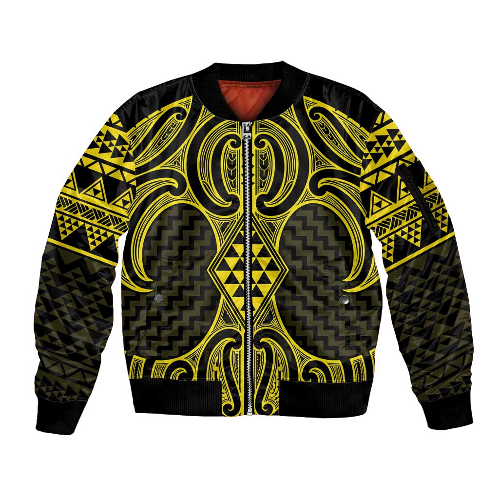 Mahi-dawg Maori Ta Moko Poutama Art Sleeve Zip Bomber Jacket LT9 Unisex Yellow - Polynesian Pride