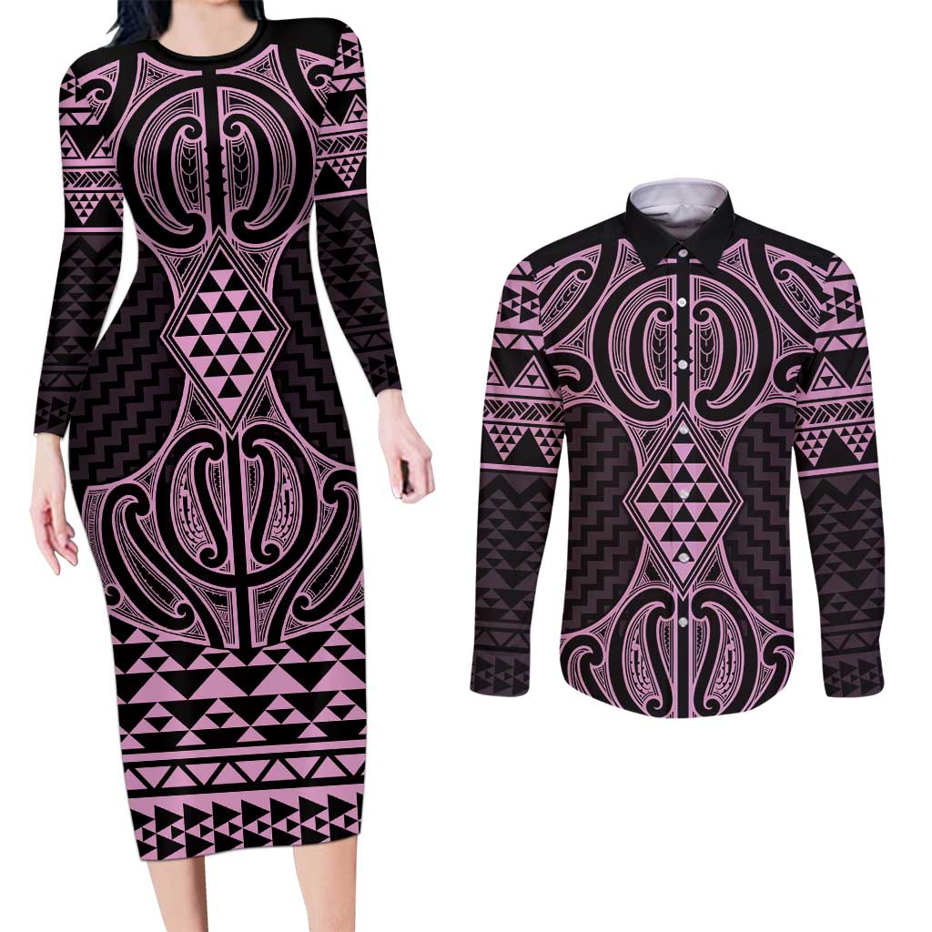 Mawhero Maori Ta Moko Poutama Art Couples Matching Long Sleeve Bodycon Dress and Long Sleeve Button Shirt LT9 Pink - Polynesian Pride