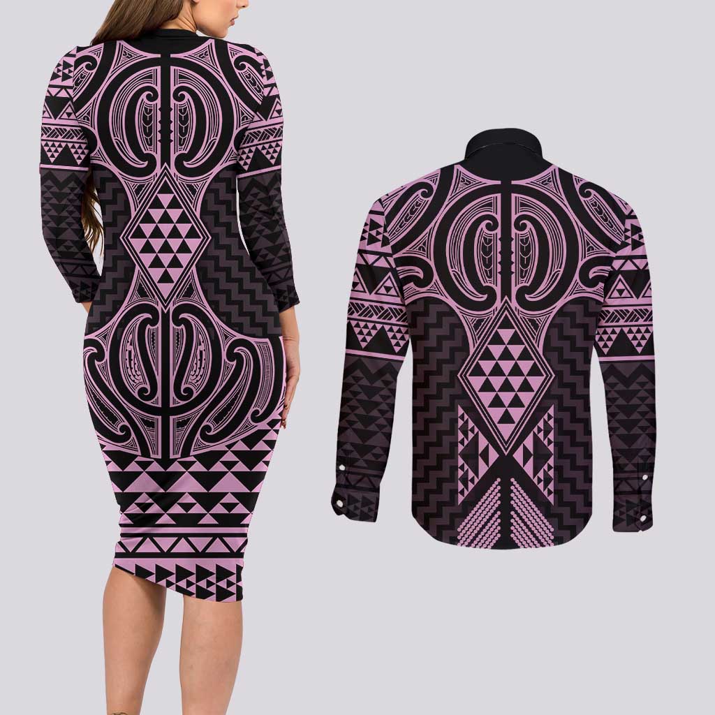 Mawhero Maori Ta Moko Poutama Art Couples Matching Long Sleeve Bodycon Dress and Long Sleeve Button Shirt LT9 - Polynesian Pride