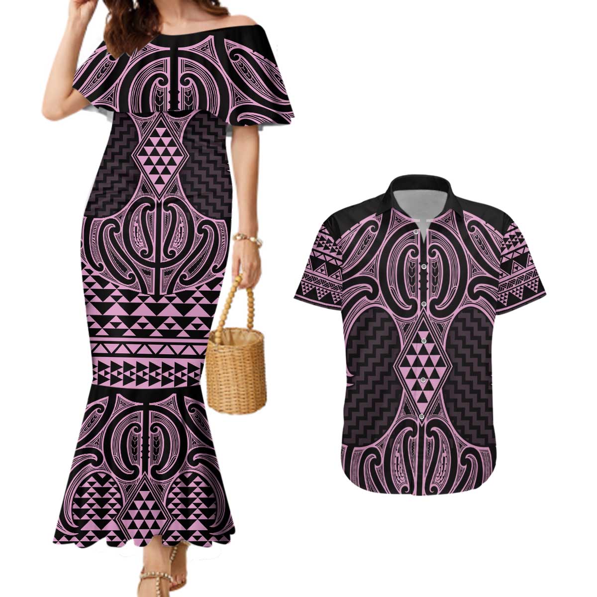 Mawhero Maori Ta Moko Poutama Art Couples Matching Mermaid Dress and Hawaiian Shirt LT9 Pink - Polynesian Pride