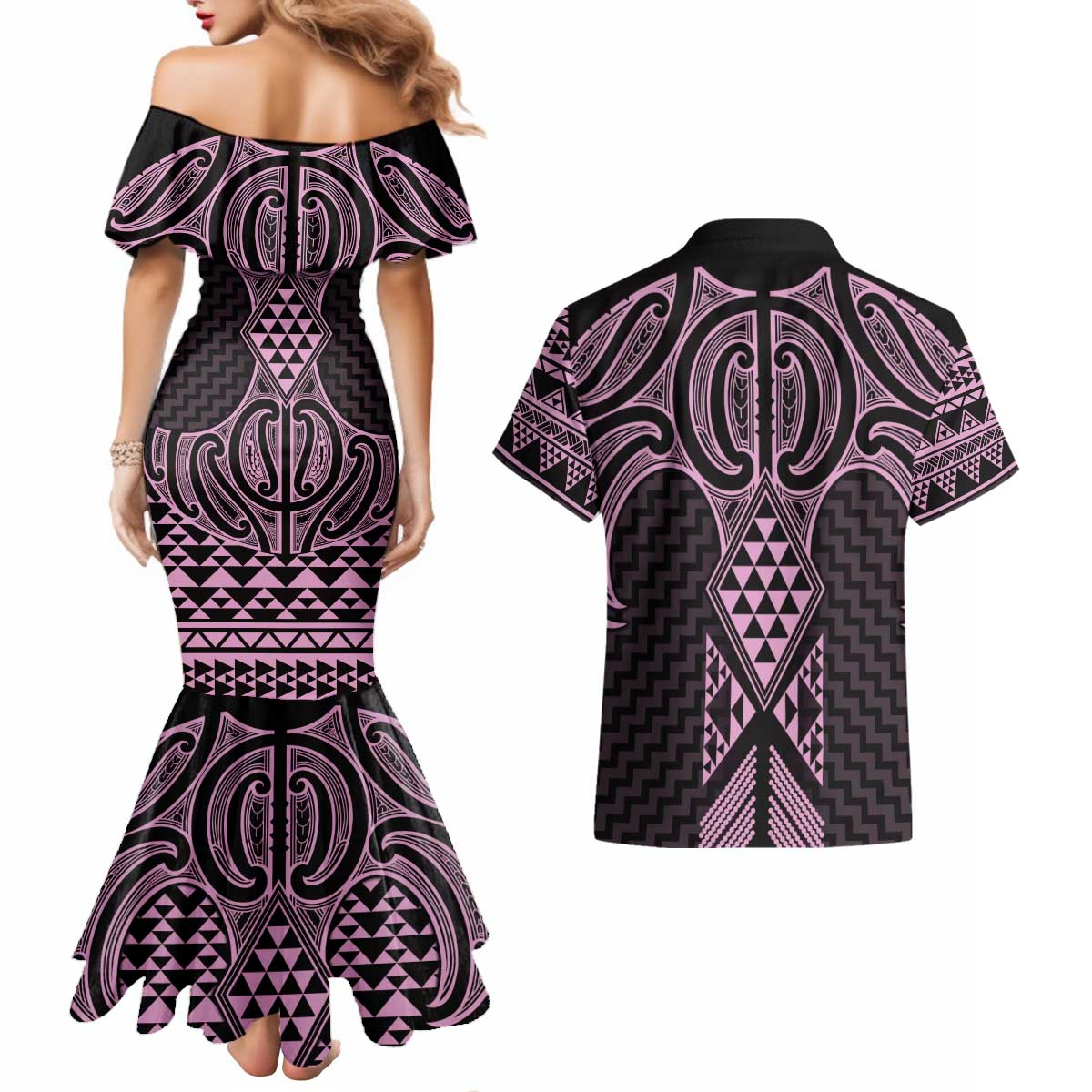 Mawhero Maori Ta Moko Poutama Art Couples Matching Mermaid Dress and Hawaiian Shirt LT9 - Polynesian Pride