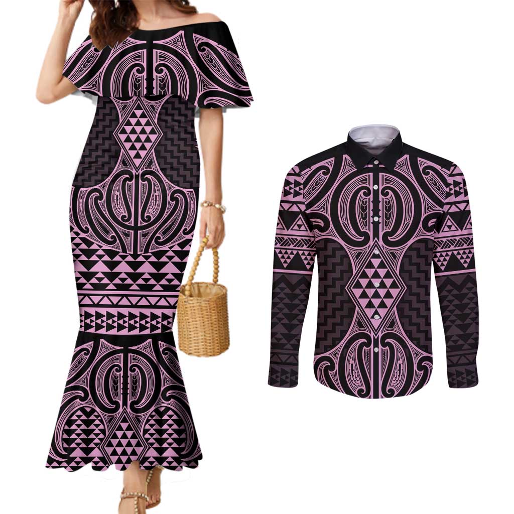 Mawhero Maori Ta Moko Poutama Art Couples Matching Mermaid Dress and Long Sleeve Button Shirt LT9 Pink - Polynesian Pride