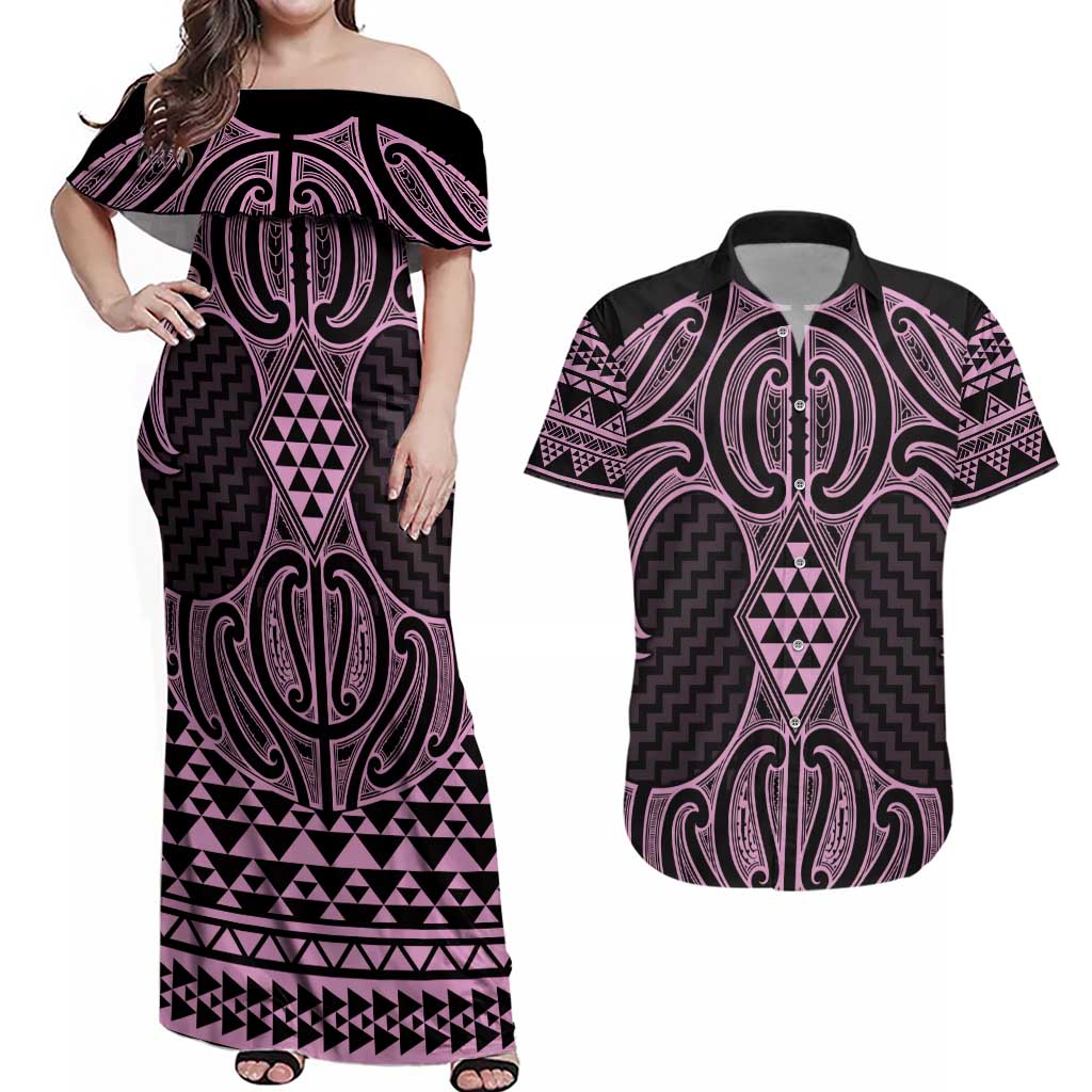 Mawhero Maori Ta Moko Poutama Art Couples Matching Off Shoulder Maxi Dress and Hawaiian Shirt LT9 Pink - Polynesian Pride