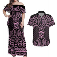 Mawhero Maori Ta Moko Poutama Art Couples Matching Off Shoulder Maxi Dress and Hawaiian Shirt LT9 Pink - Polynesian Pride