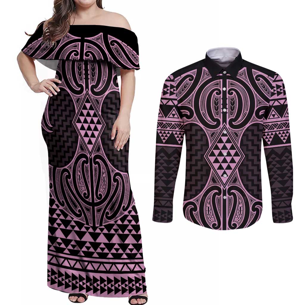 Mawhero Maori Ta Moko Poutama Art Couples Matching Off Shoulder Maxi Dress and Long Sleeve Button Shirt LT9 Pink - Polynesian Pride