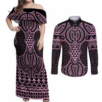 Mawhero Maori Ta Moko Poutama Art Couples Matching Off Shoulder Maxi Dress and Long Sleeve Button Shirt LT9 Pink - Polynesian Pride
