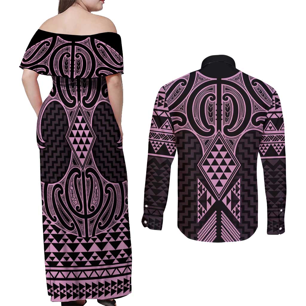 Mawhero Maori Ta Moko Poutama Art Couples Matching Off Shoulder Maxi Dress and Long Sleeve Button Shirt LT9 - Polynesian Pride